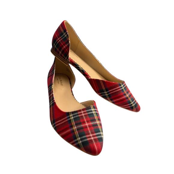 Designer Isaac Mizrahi Red Tartan Plaid Pointed Toe Flats 8.5 Wood Heel - Picture 1 of 10